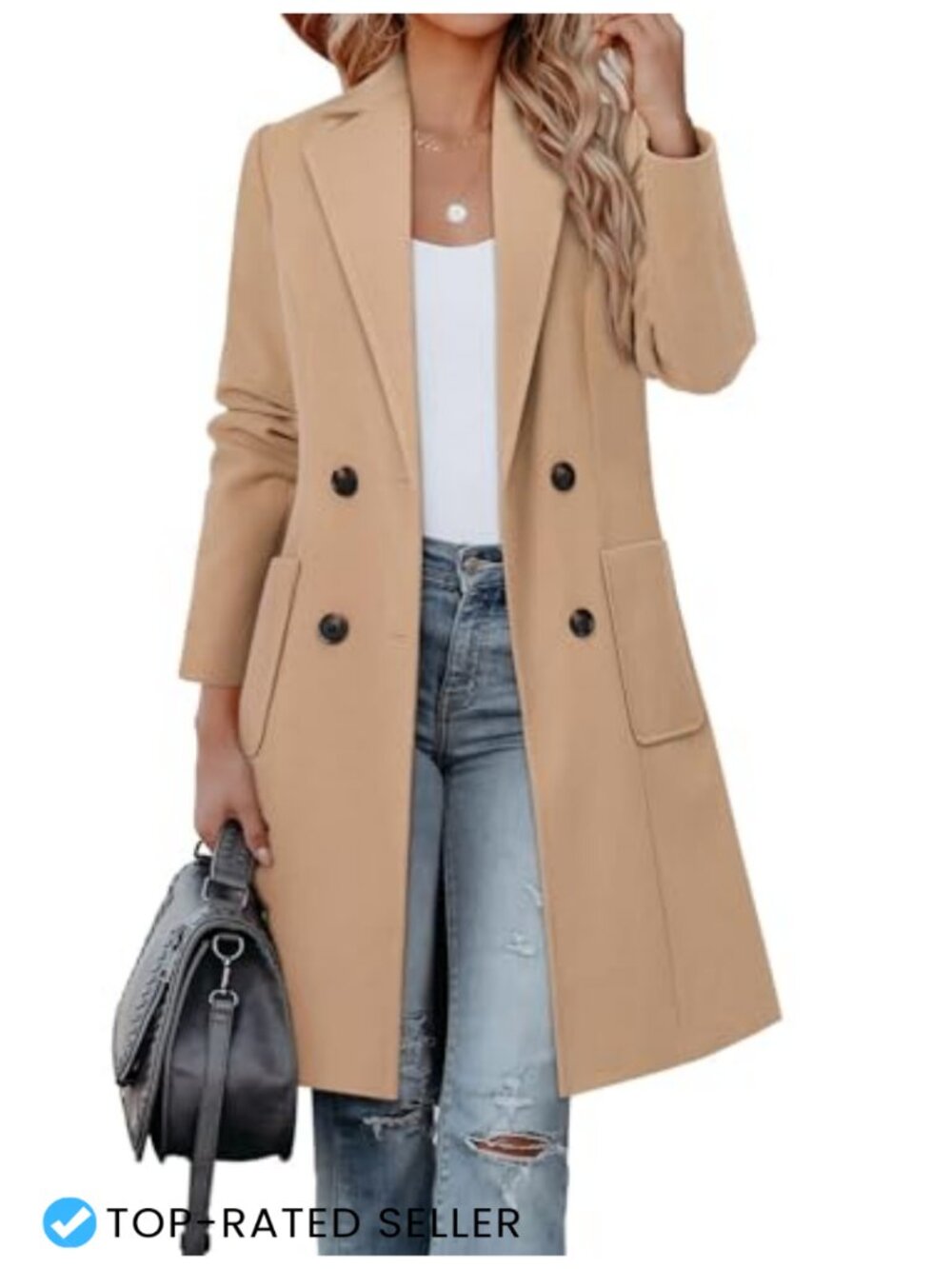 CHICZONE Women's Wool Blend Notch Lapel Double Breasted Pea Coat Overcoat